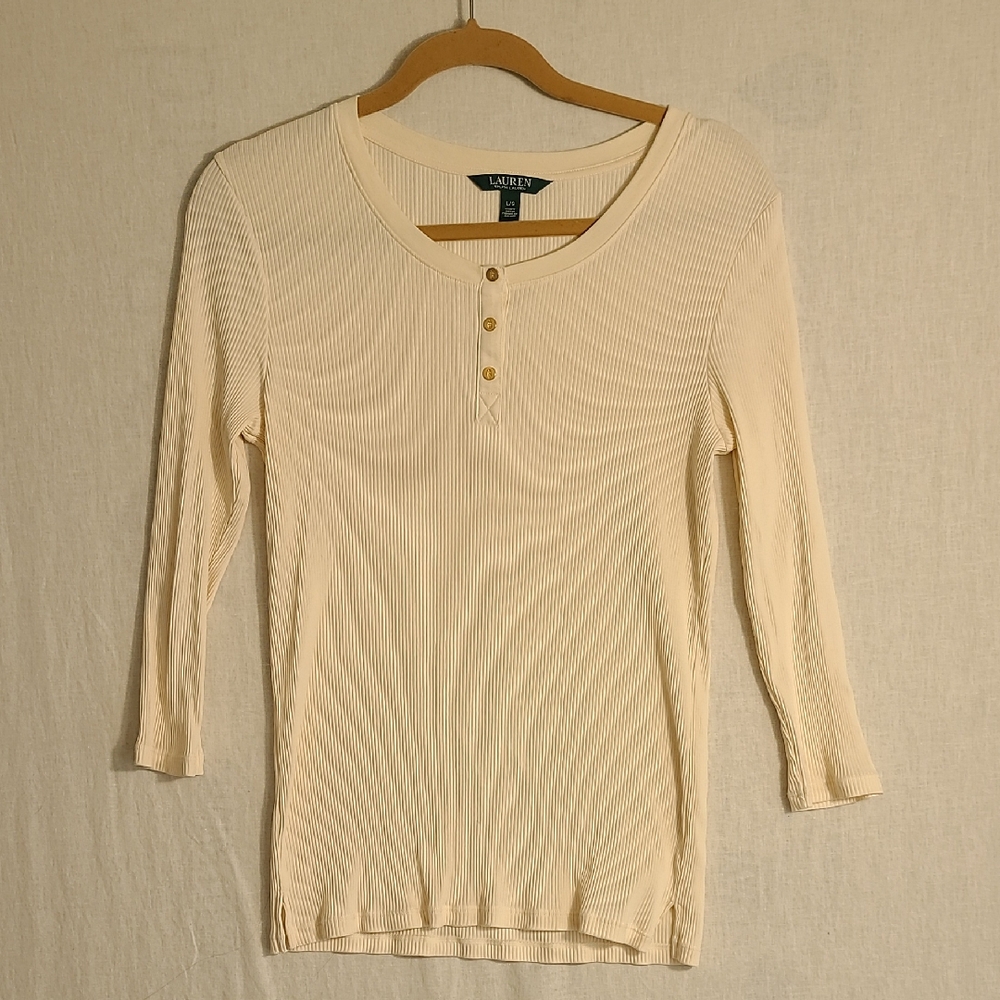 Lauren Ralph Lauren Cream 3/4 Length Sleeve Thin Rib Slim Fit Henley Top Size L